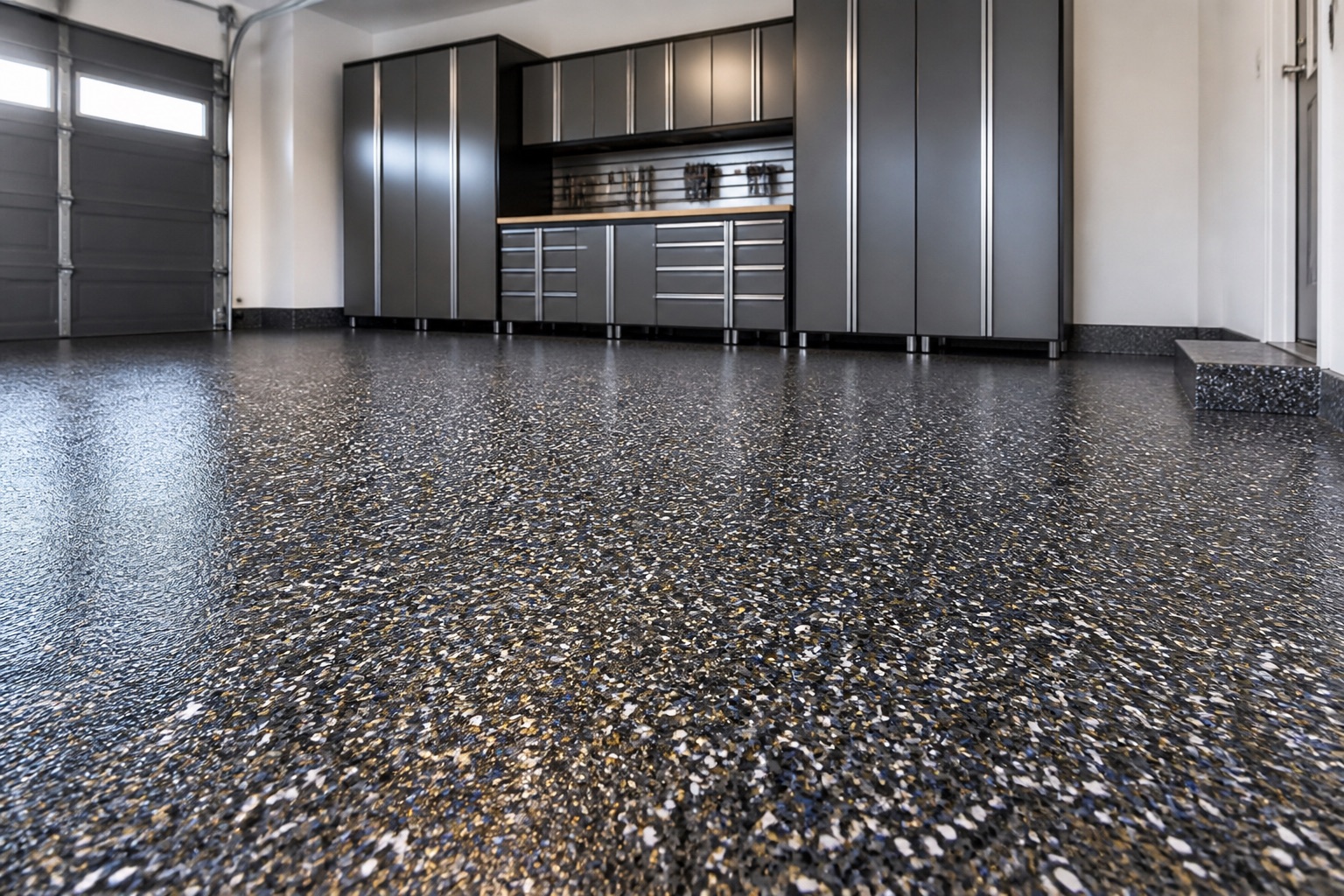 Clean garage with a dark chips epoxy floor