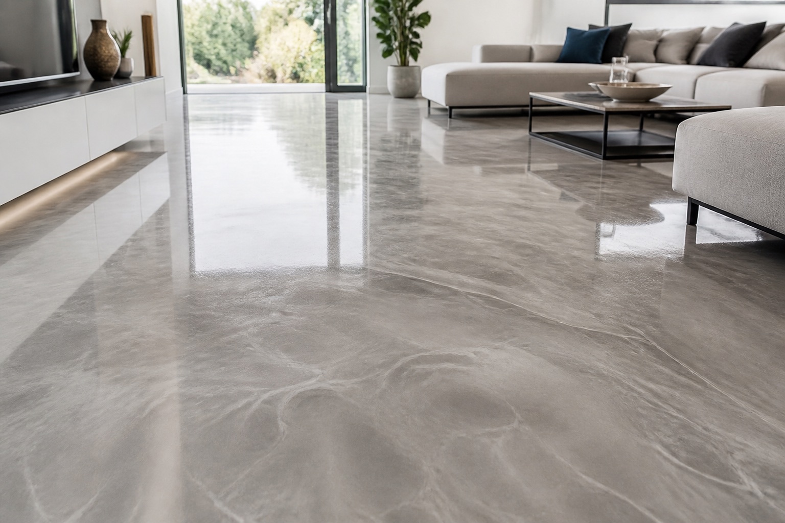 Modern living room with a warm grey design epoxy floor