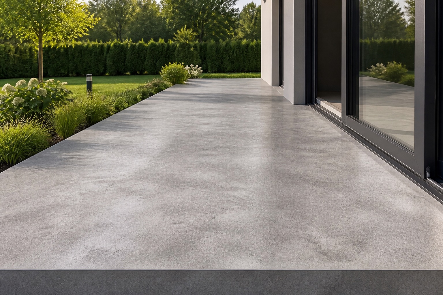 Outdoor terrace with a grey polymer-cement coating